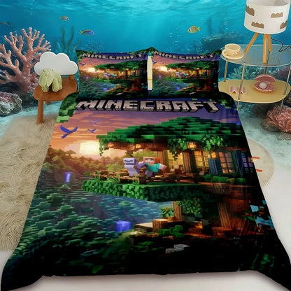 Minecraft 2/3pcs Duvet Cover Cute Cartoon Game Quilt Cover Bedding Set with 1/2 Pillocase Gifts Bedroom Dormitory
