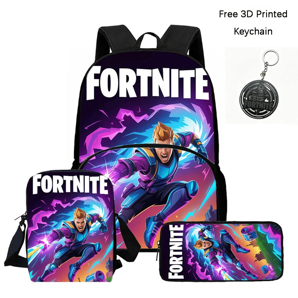FORTNITE 3-teiliges Schulrucksack-Set, Umhängetasche mit Fronttasche und Federmäppchen, für Jungen und Mädchen von 5–10 Jahren, leicht, mit kostenlosem 3D-bedrucktem Schlüsselanhänger