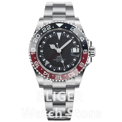 BLIGER 40mm 515 24H GMT Men's Watch Stainless Steel Clasp Luminous Quartz Movement Ceramic Bezel Sapphire Glass 10Bar Waterproof