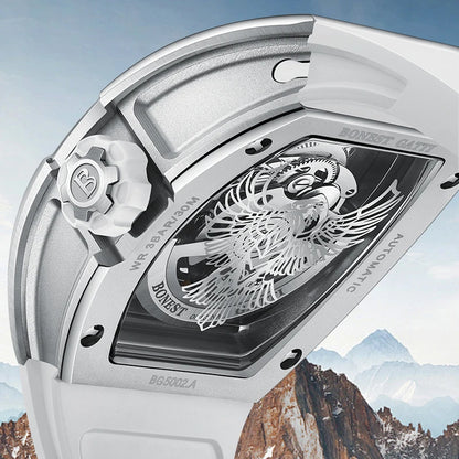 BONEST GATTI Luxury Men Hollow Automatic Mechanical Watches Tonneau Sapphire Crystal Luminous Hollow Eagle Dial Rubber Strapes