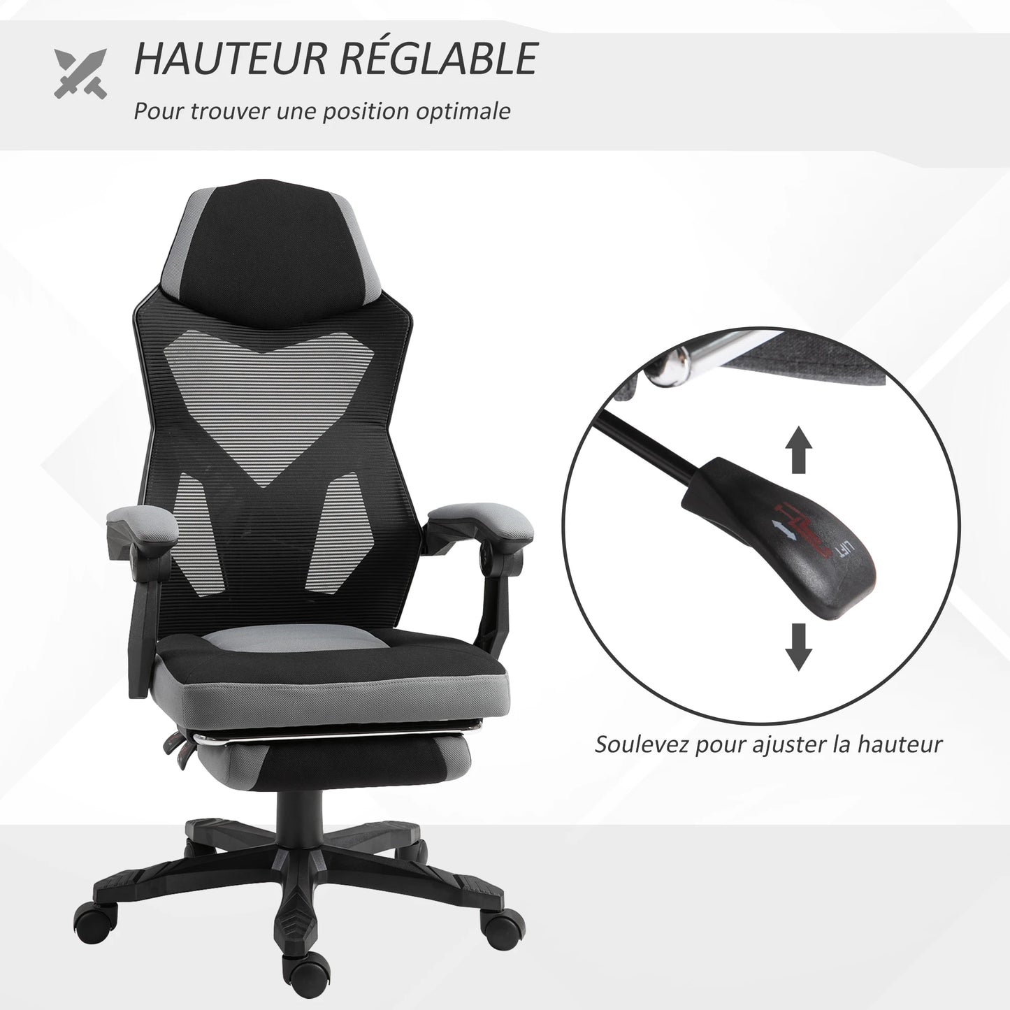 Desk Chair Vinsetto gaming armchair height adjustable back castors pivoting foot fabric mesh rest 58L x 63l x