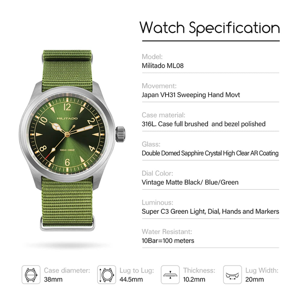 Militado ML08 Quartz Watch VH31/Ronda 515 Quartz Movement Vintage Watch Double Domed Sapphire Crystal BGW9 Luminous Men's Watch