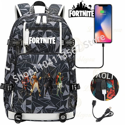 Mochila Red Jade F-Fortnited Battle Royale com carregamento USB, figuras anime e compartimento para material escolar para estudantes