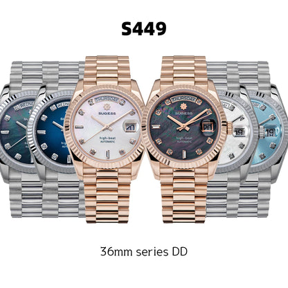 Sugess 36mm Mens of Watch Automatic Dandong Peacock SL3034 Day Movement Sapphire Glass 100m Waterproof Wristwatches MOP Date New