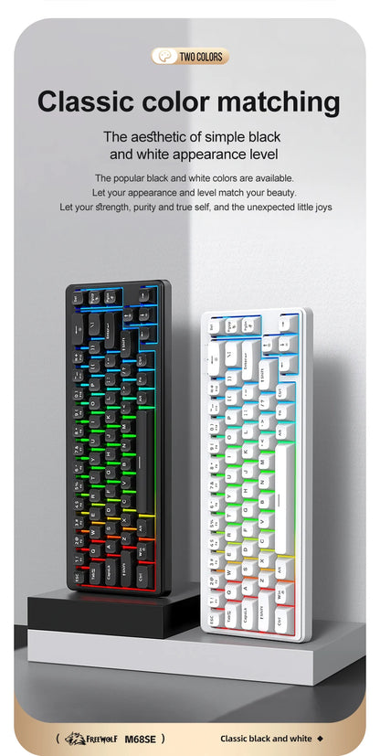 FREEWOLF M68SE Mini-Tastatur mit 68 Tasten, kabelgebunden, RGB-Hintergrundbeleuchtung, Type-C, 68-%-Layout, kompakt, für Gaming, Büro, PC und Laptop