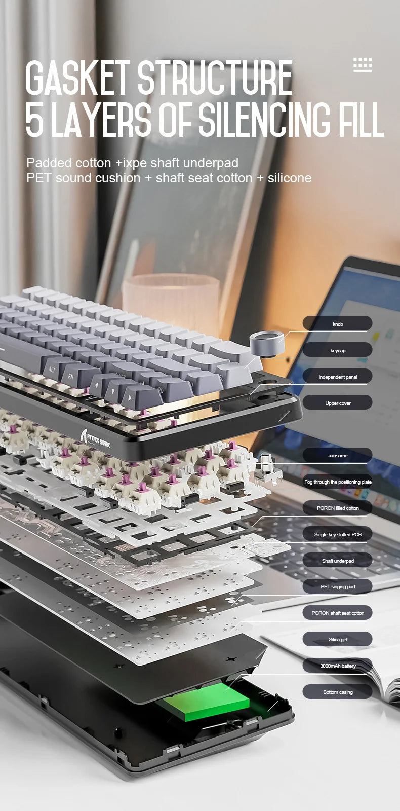 Teclado mecânico sem fios Attack Shark X66, layout compacto 65%, retroiluminação RGB, gasket, hot swap, Bluetooth, USB-C, PBT, bateria de grande capacidade