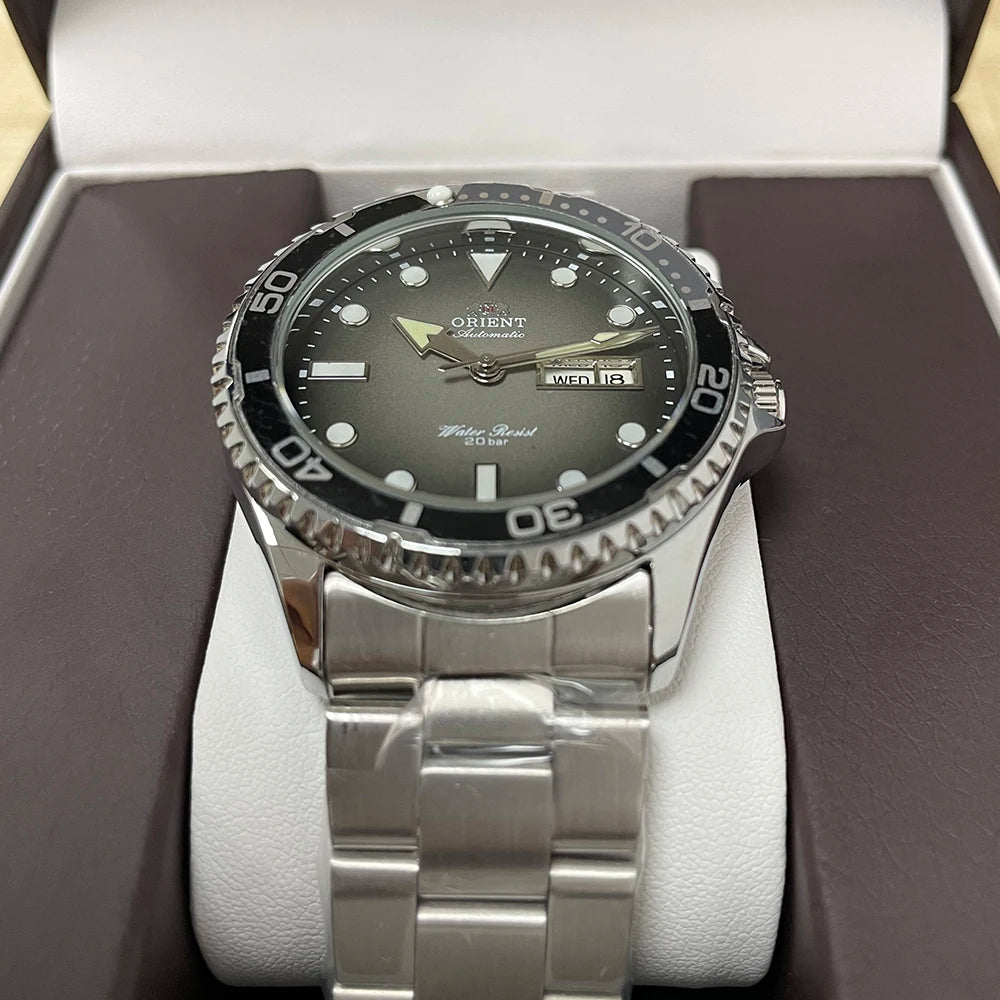 Orient Men's 200M Waterproof Automatic Dive Watch Dial Stainless Steel Bracelet Day Date Self-Winding Luminous Wristwatch