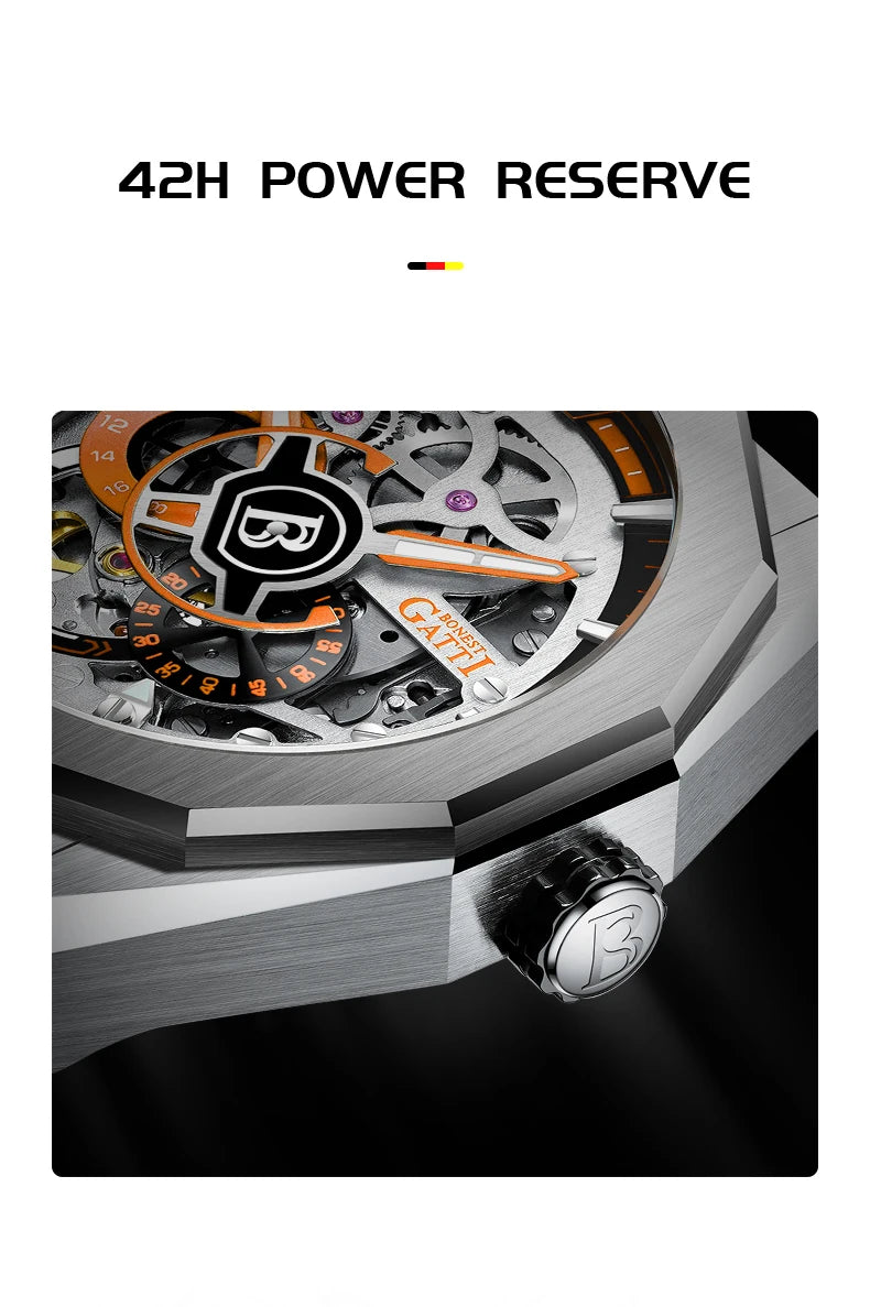 BONEST GATTI BG7601 Men Automatic Mechanical Watch Sapphire Crystal Waterproof Luminous Rubber Strap Wristwatch