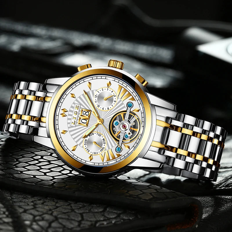LIGE men’s automatic mechanical wristwatches – High-end luxury watch with a tourbillon, an elegant and water-resistant model, ideal for work or formal occasions.