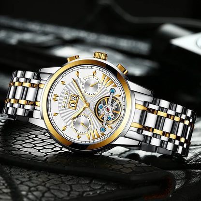 LIGE men’s automatic mechanical wristwatches – High-end luxury watch with a tourbillon, an elegant and water-resistant model, ideal for work or formal occasions.
