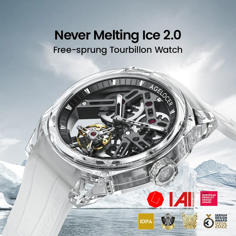 Relógio AGELOCER de edição limitada “Ice Never Melts” com turbilhão de cristal de espiral livre — relógios mecânicos manuais de luxo