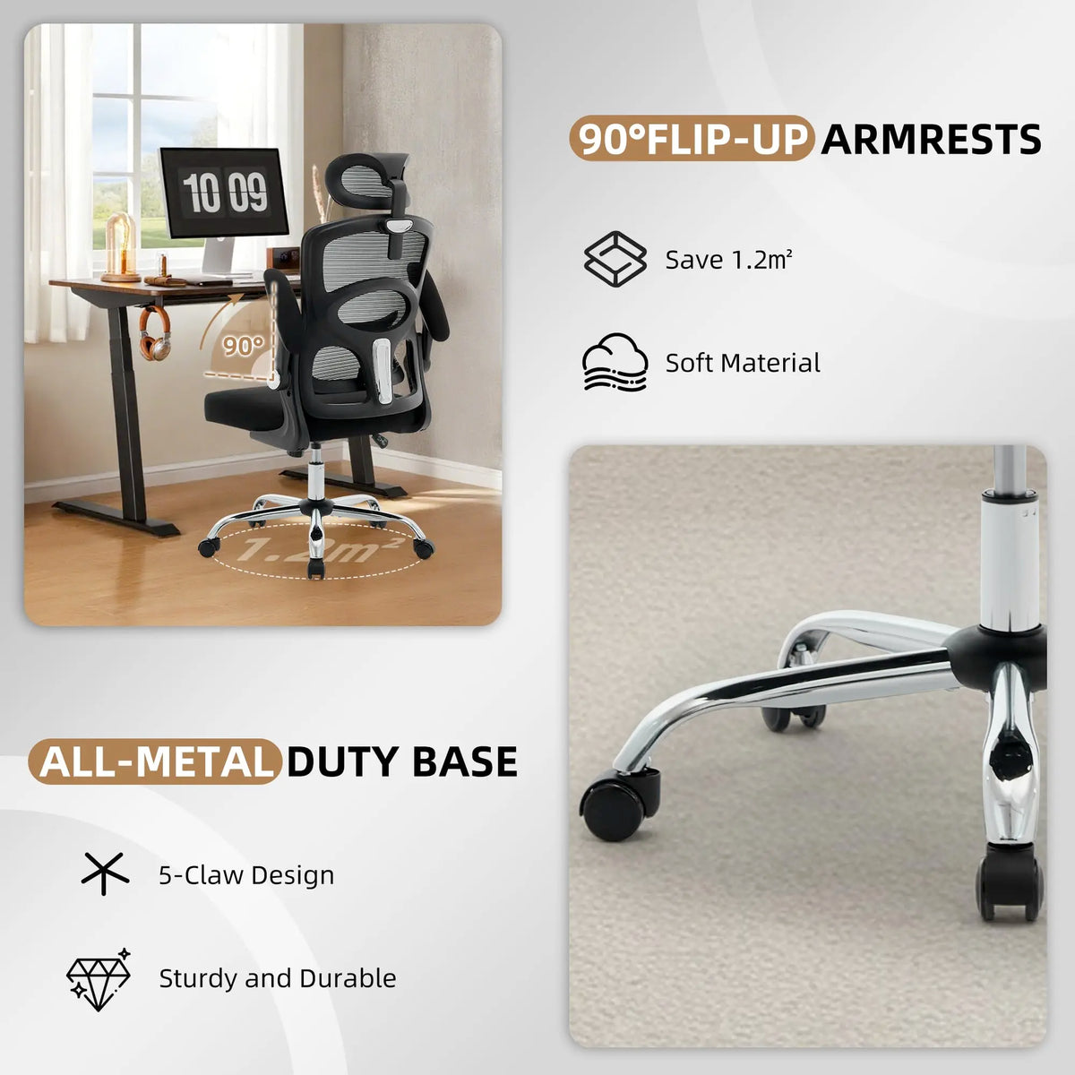 Ergonomic High-Back Mesh Chair Adjustable Headrest Lumbar Support 360° Swivel Rolling Computer Gaming Chairs for Home Office
