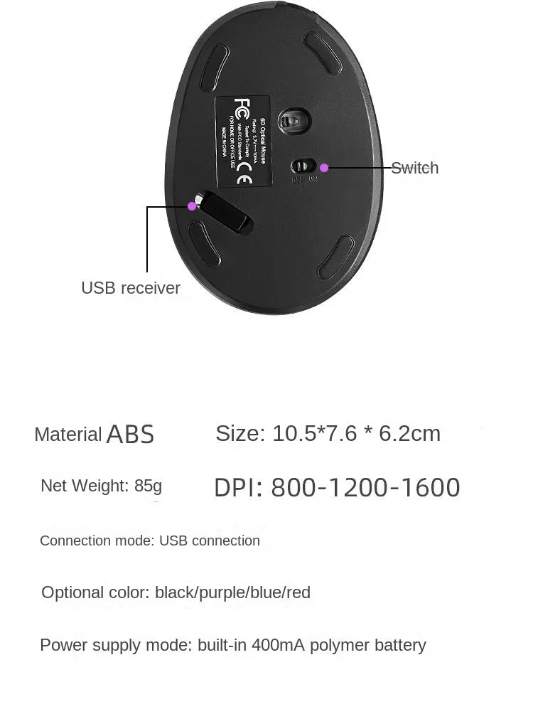 Mouse vertical ergonomic wireless reîncărcabil BTS-908, foarte popular, cu receptor USB 2.4G, DPI reglabil 1600 și 6 butoane