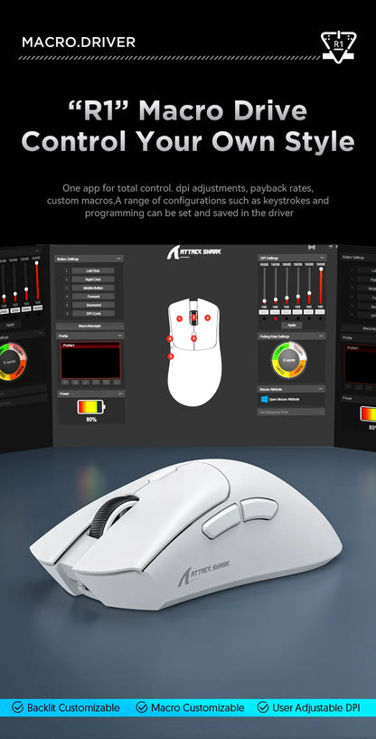 Attack Shark R1 leichte Bluetooth 2.4G kabellose Gaming-Maus PAW3311 18000DPI ergonomische Makro-Maus