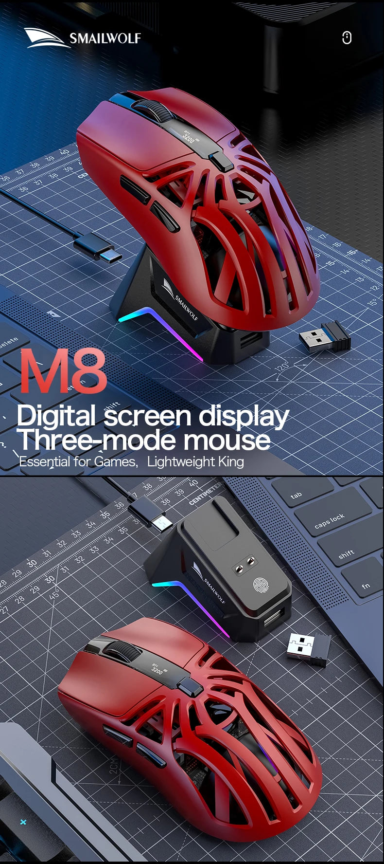 SMAILWOLF M8 Bluetooth Wireless Gaming Mouse, Tri-Mode RGB Rechargeable Mouse with PAW3311 Sensor, 12000 DPI Lightweight Gaming Mouse for PC & Office