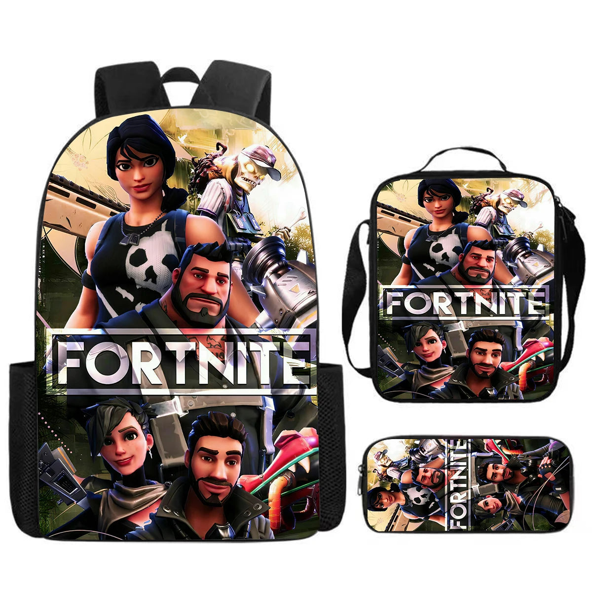 Cute Cartoon 3pcs Set School Backpack with Lunch Bag and Pencil Case, Large Anime Fortnite Kids School Bags for Boys and Girls