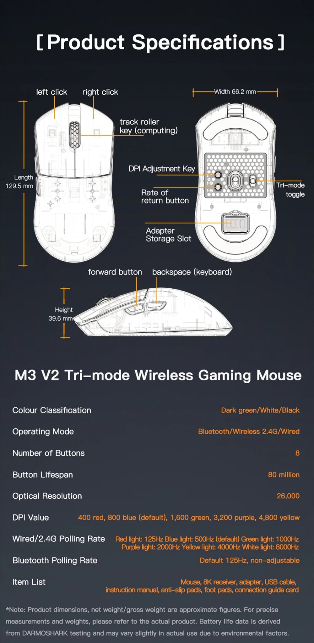 Mouse de gaming Darmoshark M3 V2 Double 8K, wireless, tri-mode, 26K DPI, senzor PAW3395, mouse macro pentru gaming, pentru mâini mari, computer, laptop și PC