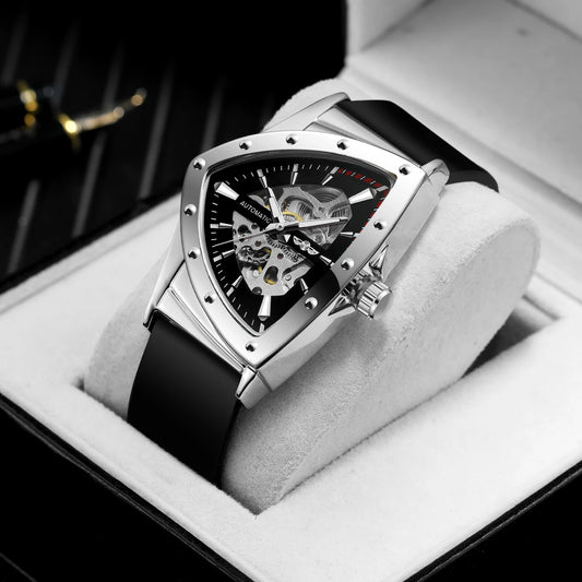 WINNER High Quality Watch for Men Triangle Steel Skeleton Mechanical Automatic Movement Clockwork Waterproof Rubber strap Wrist