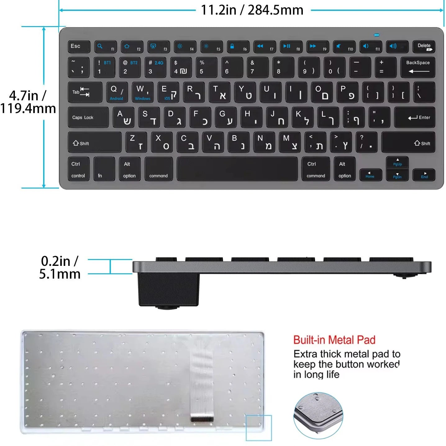 Hebrew English Layout Wireless Keyboard Bluetooth & 2.4G Dual Mode Keyboard Slim and Compact Ergonomic for Windows iOS Android