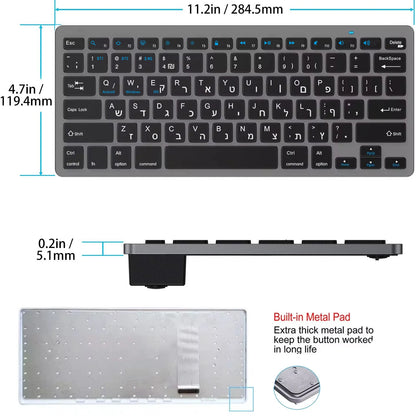 Hebrew English Layout Wireless Keyboard Bluetooth & 2.4G Dual Mode Keyboard Slim and Compact Ergonomic for Windows iOS Android