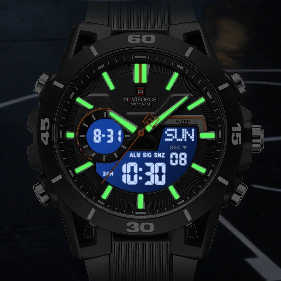 NAVIFORCE Men's Watch Dual Display 50M Waterproof Countdown Chronograph Alarm Clock Male Fashionable Sports Wristwatch NF7135