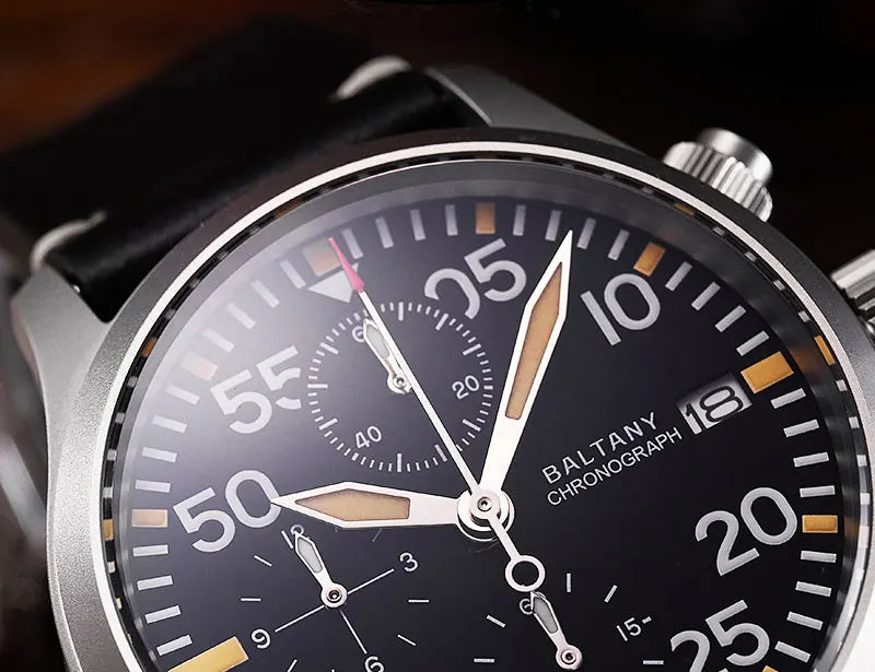 Baltany Quartz Chronograph S5045 Sunburst Blue Dial VK67 100M Stainless Steel Calendar Window Sapphire Vintage Military Watches