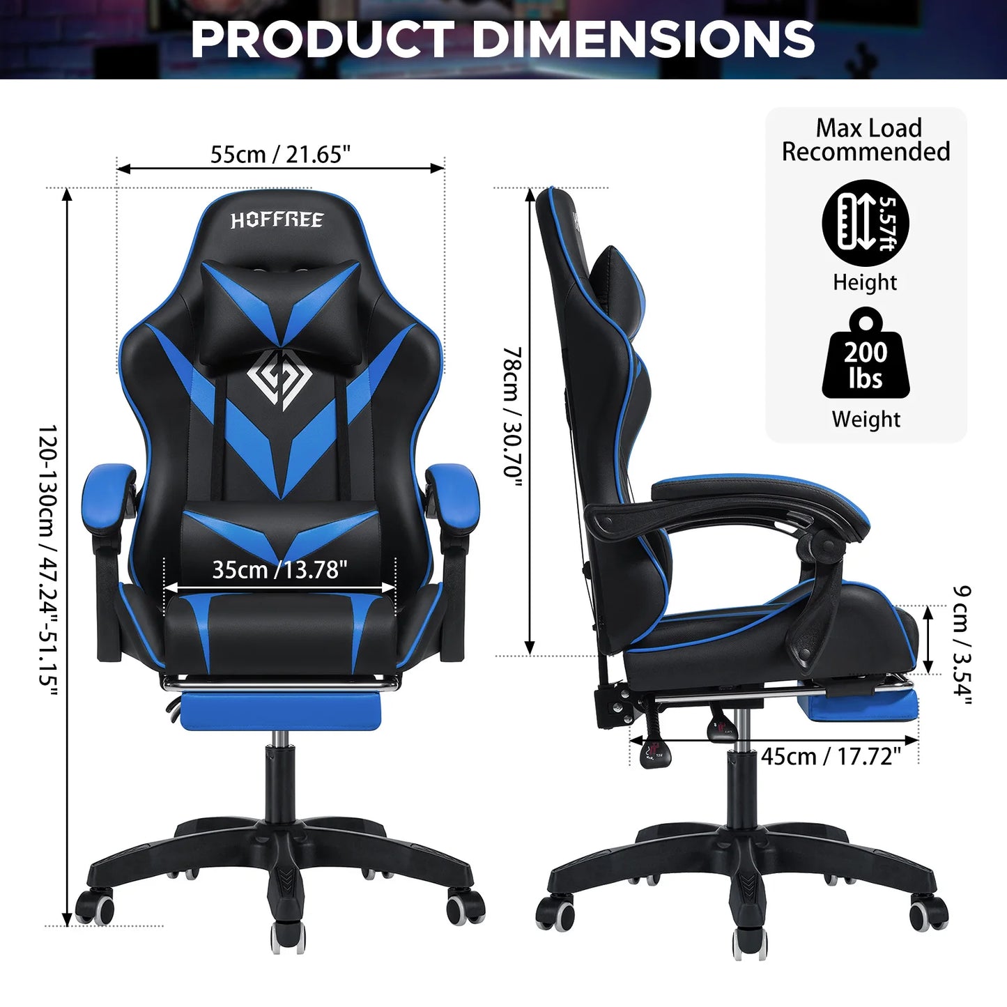 400Lbs Load Gaming Chair with Massage Ergonomic Computer Chair Footrest and Lumbar Support Reclining PC Chair Adjustable Armrest