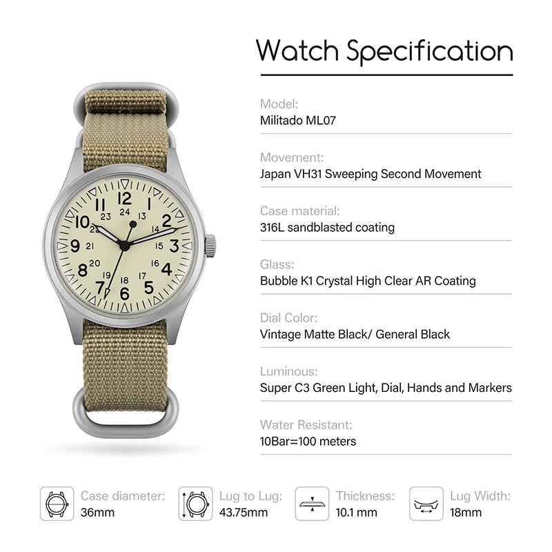 Militado ML07 Quartz Watch VH31 Movement Sapphire Crystal Military Watch 100m Waterproof High Clear AR Coating Luminous Watch