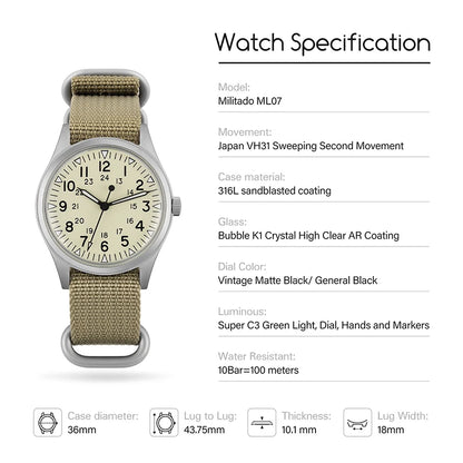 Militado ML07 Quartz Watch VH31 Movement Sapphire Crystal Military Watch 100m Waterproof High Clear AR Coating Luminous Watch