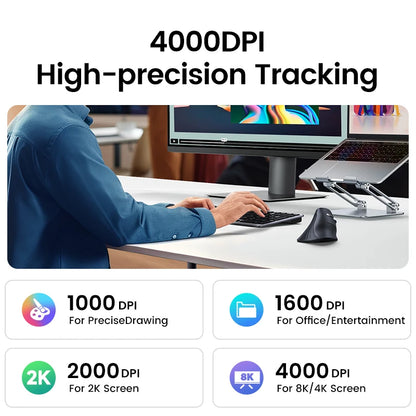 UGREEN Vertical Mouse Wireless Bluetooth 5.0 2.4G Ergonomic 4000DPI 6 Mute Buttons for MacBook Tablet Laptops Computer PC Mice