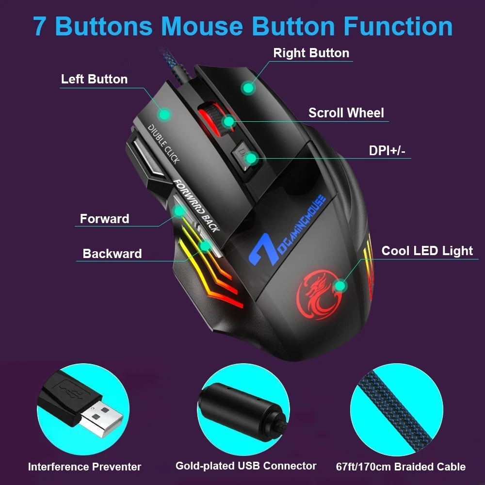 Trådbunden gamingmus för gamer, datormus med RGB-bakbelysning, ergonomisk och tyst mus med LED-belysning, 7 knappar, USB-mus för PC och stationär dator