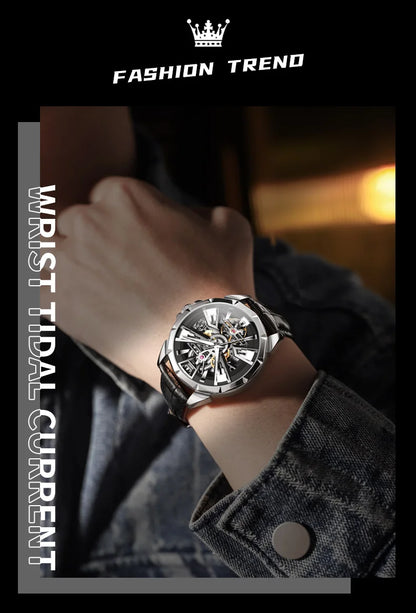 OLEVS 7051 Fashion Men's Watch Leather Strap 30M Waterproof Hollow HD Luminous Automatic Mechanical Wristwatch for Men