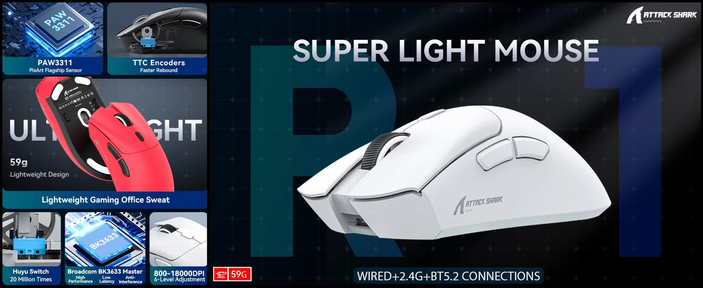 Rato Gaming Tri-Mode ATTACK SHARK R1, Sensor PixArt PAW3311, 18000 DPI, 1000hz, ultraleve de 59g para mãos grandes, para PC/Mac