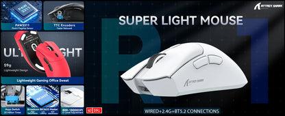 Rato Gaming Tri-Mode ATTACK SHARK R1, Sensor PixArt PAW3311, 18000 DPI, 1000hz, ultraleve de 59g para mãos grandes, para PC/Mac