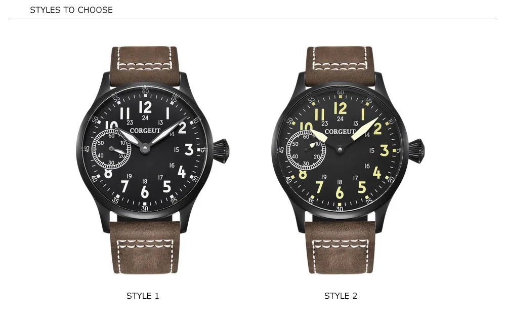 Corgeut 44mm Leather Luminous Mechanical Hand Winding Watch For Men 17 Jewels ST3600 Seagull 6497 Movement Sport Wristwatches