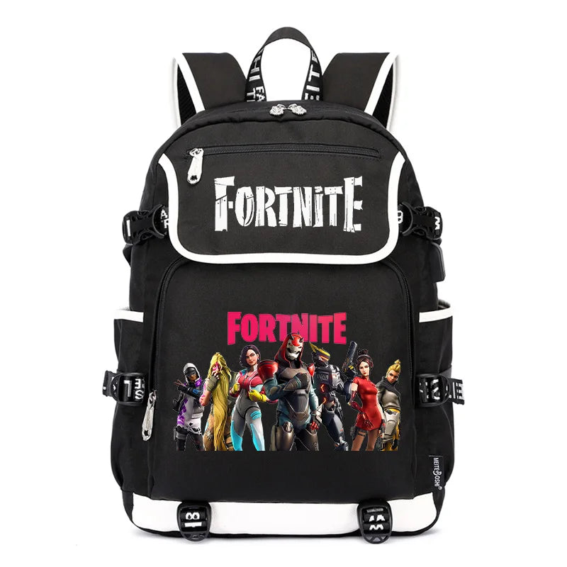 Mochila Fortnite de Grande Capacidade, Saco de Ombro Casual com Porta USB, Unissexo, Estilo Anime, para Estudantes, Nova Mala Escolar Elegante, Presente de Papelaria