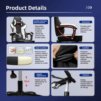 AUTHMIC Gaming Chair Ergonomic Reclining Office Chair with Adjustable Lumbar Support & Headrest High-Back PC Gamer Adults Teen