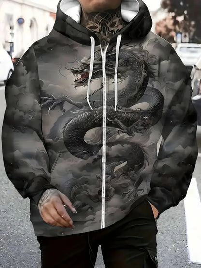 Men's Dragon Print Zipper Hoodie Outdoor Activities Travel Drawstring Long Sleeve Hoodies Autumn Winter Oversize Man Sweatshirts