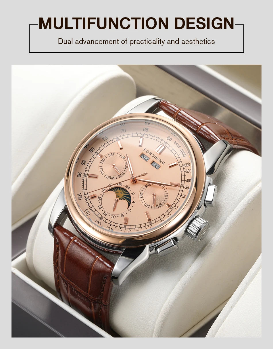 Forsining Retro Mechancial Watches Moon Phase Shanghai Movement Rose Gold Case Brown Leather Strap Luxury Automatic Mens Watch