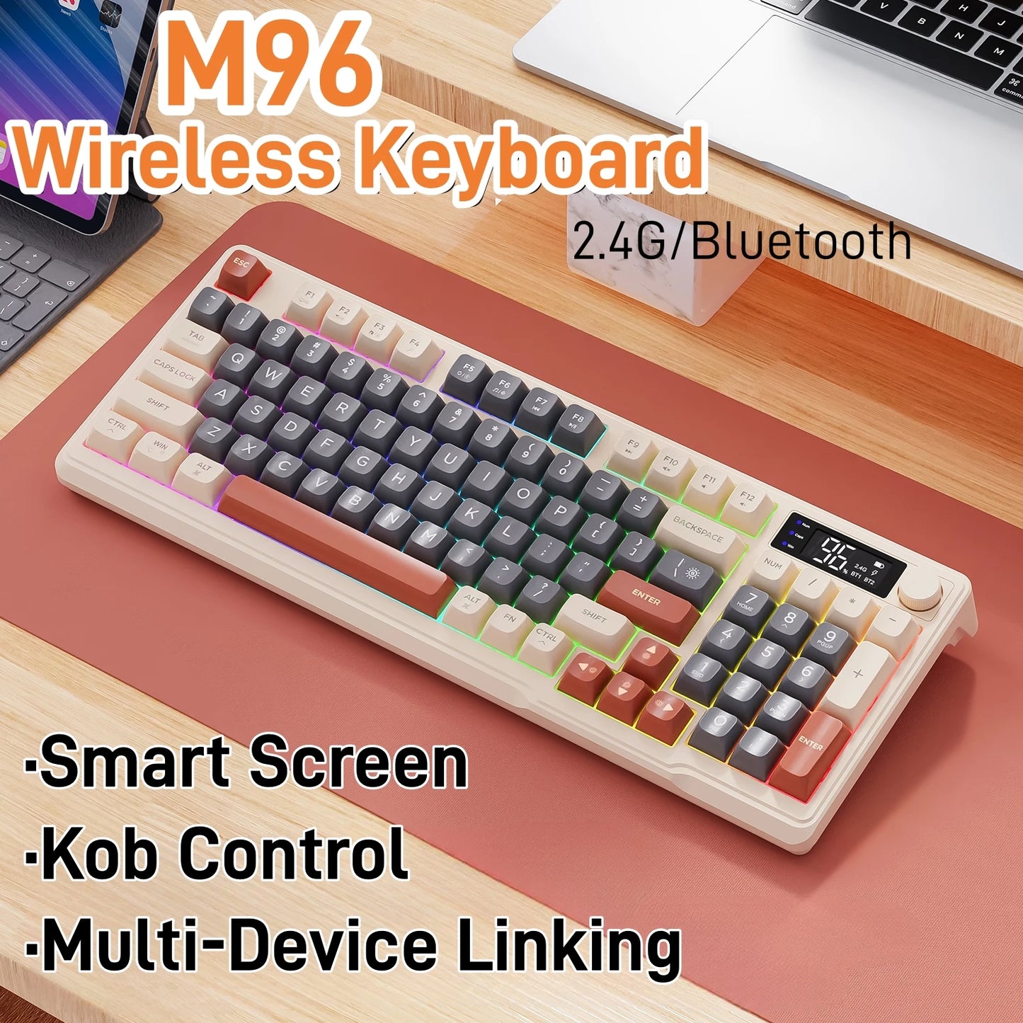 FreeWolf M96 Wireless Keyboard with Screen, Gaming Keyboard Bluetooth Dual-Mode Connection, Multi-Device Linking, Ergonomic