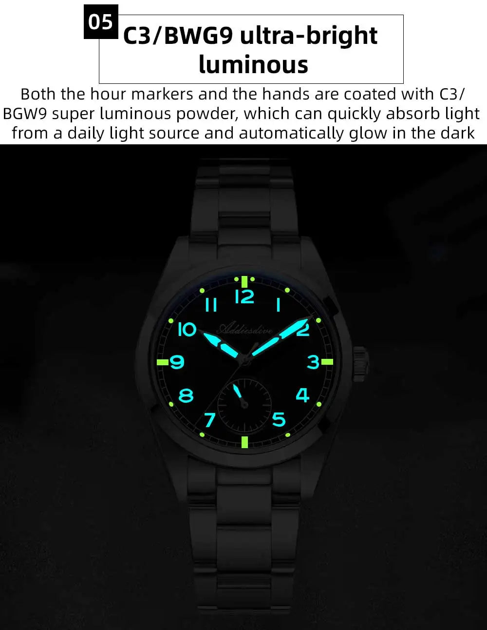 Orologio da uomo ADDIESDIVE 36mm al quarzo VH60, luminoso BGW9, vetro bombato, impermeabile 10Bar, in acciaio inossidabile