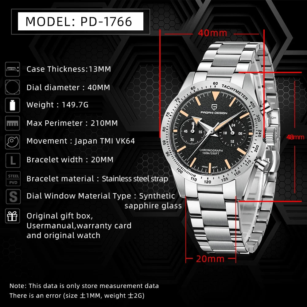 2026 New PAGANI DESIGN Retro Men's Watches Moon Quartz Watch For Men Speed Sports Chronograph AR Sapphire VK64 Clock