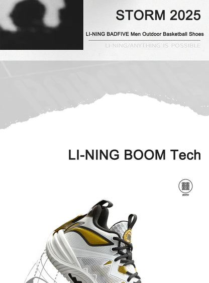Li-Ning Men's BADFIVE STORM 2025 Outdoor Basketball Shoes BOOM Cushioning TUFF OS Wearable Li-Ning Sports Sneakers ABFV017