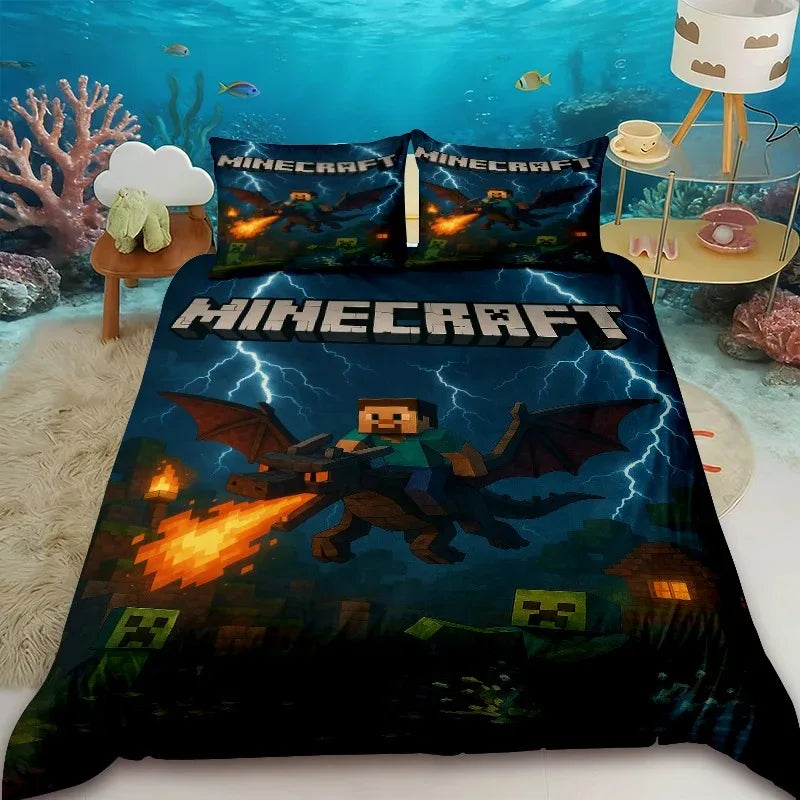 Minecraft 2/3pcs Duvet Cover Cute Cartoon Game Quilt Cover Bedding Set with 1/2 Pillocase Gifts Bedroom Dormitory