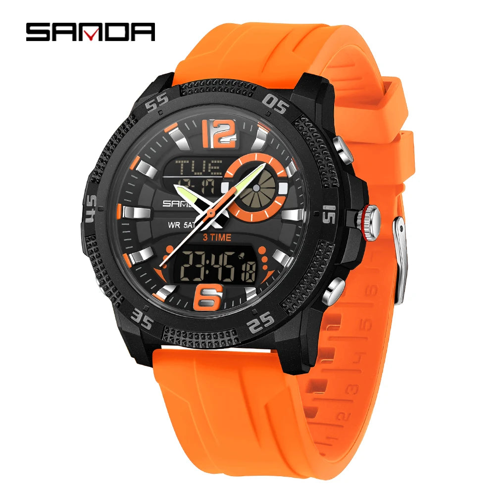 SANDA Fashion Luxury Men's Watches Dual Digital Display Sport Analog Quartz Man Wristwatch Casual Waterproof Silica Chronograph