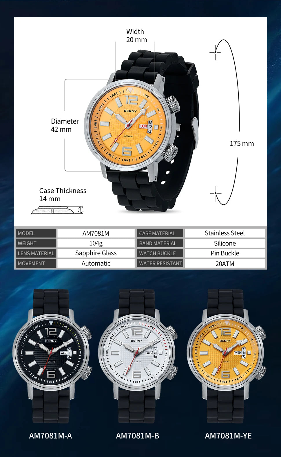 BERNY 20ATM Diver Automatic Mechanical Watch for Men Super Luminous Waterproof Swimming Dive Wristwatch Sapphire Self Winding