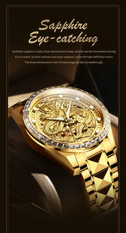OUPINKE Herrenarmbanduhr, Top-Marke, Luxus, Gold, Wolframstahl, originale automatische mechanische Armbanduhr mit Zifferblatt im Drachenmuster
