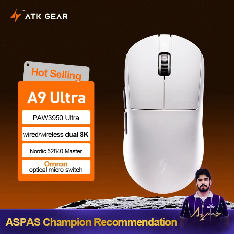 ATK Dragonfly A9 Ultra Wireless Gaming Mouse PAW3950, Tri-Mode 8K Gaming Mouse, Ultra-Lightweight Ergonomic Wireless Gaming Mouse for FPS & Esports