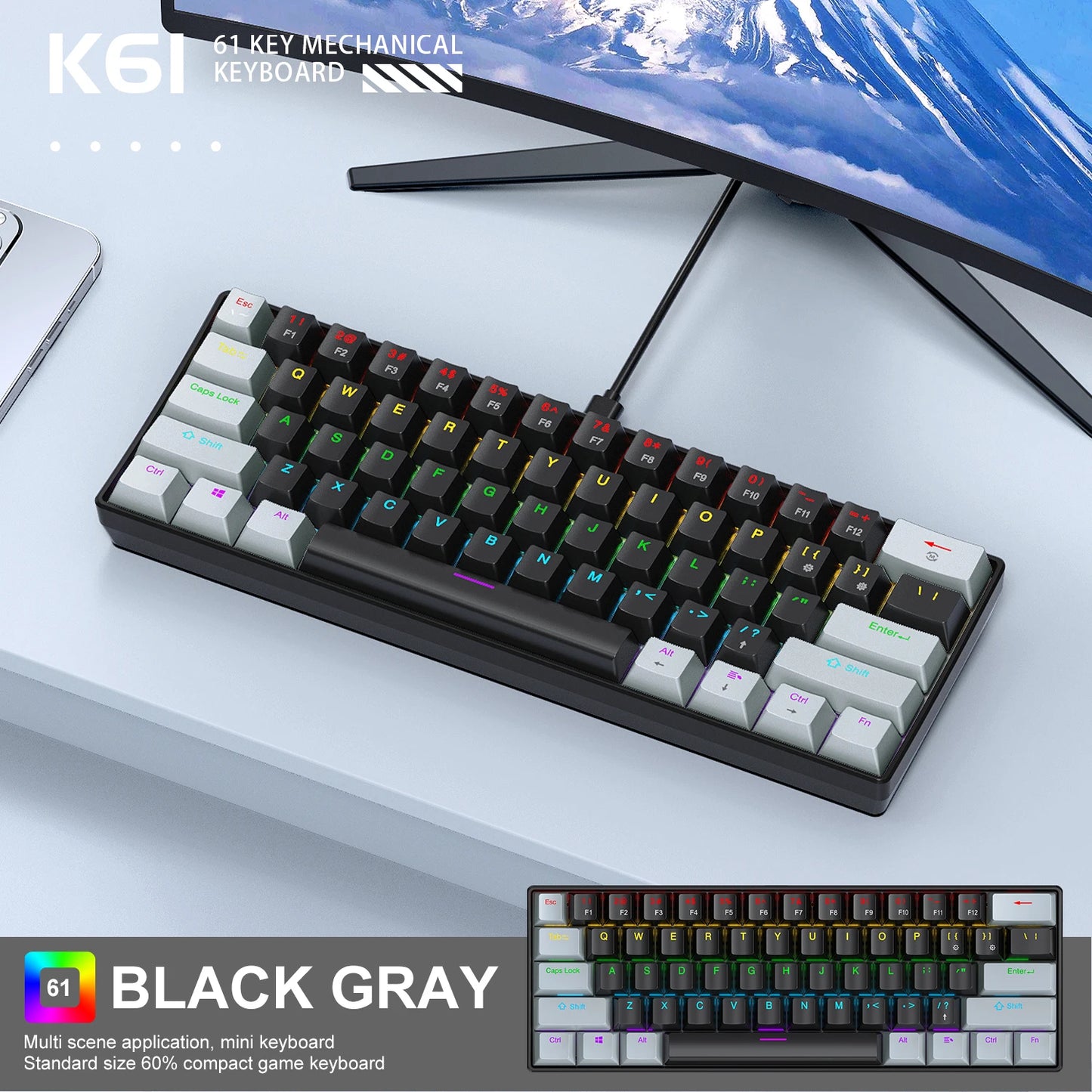 APAYADO K61 60% Mechanical Keyboard Wired RGB, 61 Keys Mini Gaming Keyboard with Red/Blue Switches, Compact RGB Mechanical Keyboard for PC & Laptop