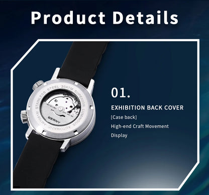 BERNY 20ATM Diver Automatic Mechanical Watch for Men Super Luminous Waterproof Swimming Dive Wristwatch Sapphire Self Winding